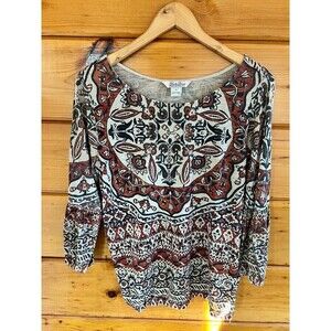 LUCKY BRAND Swedish Floral Fair Isle Beaded Boho Tunic Top Brown Small
